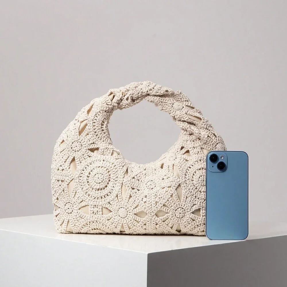 Apricot Boho Women's Hollow Floral Woven Bag
